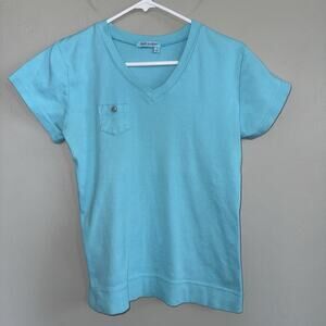 Fresh Produce Sz S Luna Blue Fem Logo V-Neck Cotton Baby Rib Top Short Sleeve